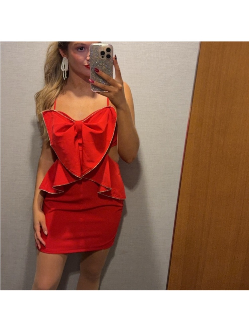 Red Ruffle Bow Spaghetti Strap Mini Dress - Picture 2 of 3